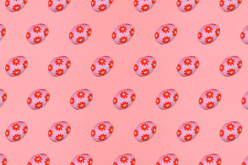Red Easter eggs on the background. Festive preparation, pattern, repetition, banner.
