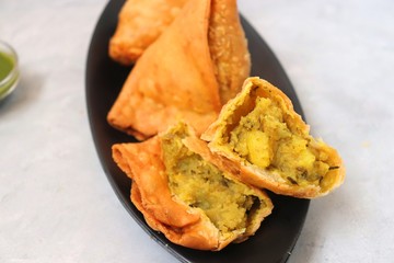 Vegetarian Aloo samosa or samosas. Indian special traditional street food. Famous Indian Punjabi...