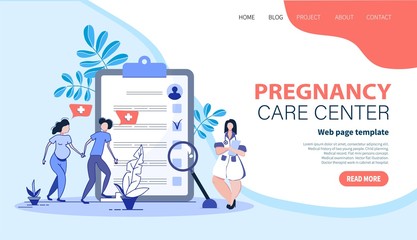 Doctor meets future parents in pregnancy care clinic. Pregnancy. Testing patient card. Template for website, landing page. Flat vector illustration.