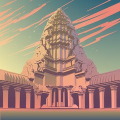 Centerpiece of the Angkor Wat temple complex in Cambodia representing the sacred Mount Meru of the Hindu religion. Sunset panorama. Vintage poster. EPS10 vector illustration