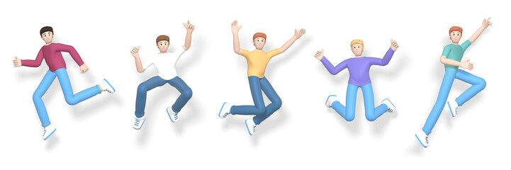 Fototapeta na wymiar 3D rendering set of a young, happy, cheerful guy character jumping and dancing isolate on a white background. Abstract minimal concept youth, teamwork, happiness, success, victory.
