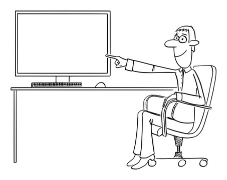 Vector funny comic cartoon drawing of businessman or man sitting in office chair and pointing at empty computer screen or display.