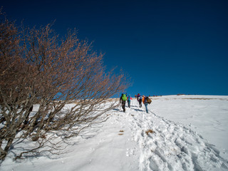 Fototapeta na wymiar Group of hikers reaches the summit of Mutria Mount peak on mountain range of the Campania Apennines