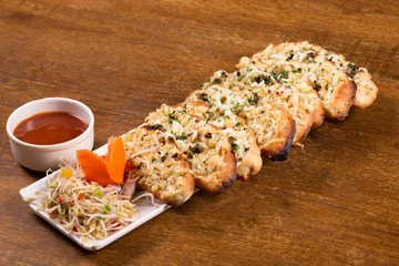 Veggie Bruschetta, Italian dish with garlic brad and sauce