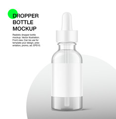 Dropper bottle mockup on grey background. Vector illustration. Front view. Сan be used for cosmetic, medical and other needs. EPS10	