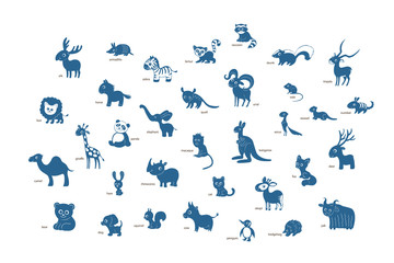 Vector set of cartoon animals isolated on awhite background. Armadillo, bear, camel, deer, elephant, fox, giraffe, hedgehog, impala, jaguar, kangaroo, lemur