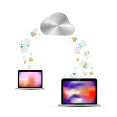 File transfer between two laptops via cloud service, technology illustration on white