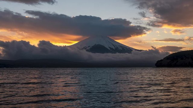 Sunset with clouds of Mt Fuji close up at lake Yamanakako