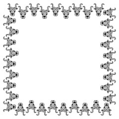 Isolated black and white square frame of mystical bull heads in hand-drawn ornaments. Place for text. Cattle. Ethnic theme. Copy space. For print design, postcards, posters, etc. Vector.