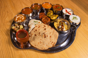 Mutton Thali with vegetables, rice and rotis