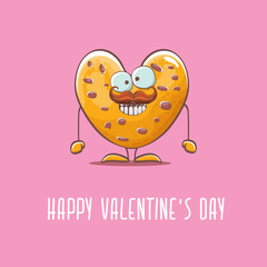 vector funny hand drawn valentines day greeting card with homemade chocolate chip heart shape cookie character isolated on pink background. Happy Valentines day cartoon pink banner or poster.