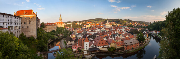Panoramic view of beautiful city Cesky Krumlov with castle and church on river Vltava, Czech republic