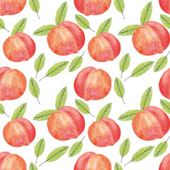 peaches and leaves watercolor seamless pattern. Background for design postcard, poster