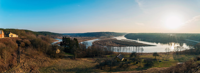 Beautiful panorama landscape view from Merkine fort hill to Nemunas river. Merkine is a town in...
