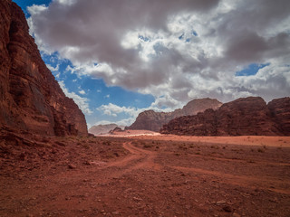 Beautiful Scenery Scenic Panoramic View Red Sand Desert and Ancient Sandstone Mountains Landscape in Wadi Rum, Jordan