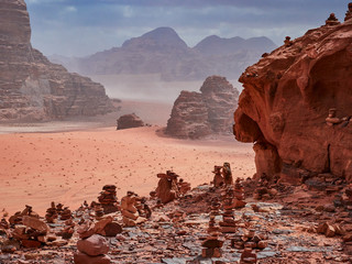 Beautiful Scenery Scenic Panoramic View Red Sand Desert and Ancient Sandstone Mountains Landscape in Wadi Rum, Jordan