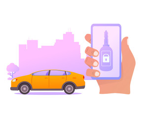 Smart car key security .The smartphone controls wireless auto.Vector illustration concept city skyline with skyscrapers.