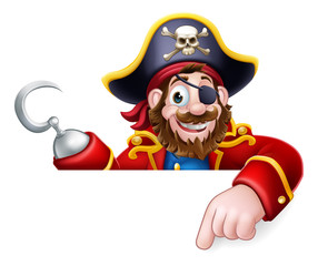 A pirate captain cartoon character peeking over a sign background and pointing at it