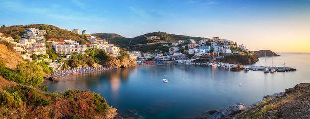 Panorama of Harbour with vessels, boats, beach and lighthouse in Bali at sunrise, Crete, Greece - 322277252