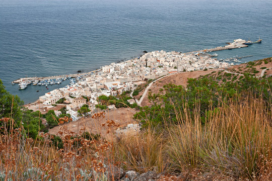 Evening panoramic view of the fishing village of the island of Marettimo, in the Egadi Islands in Sicily, Italy.