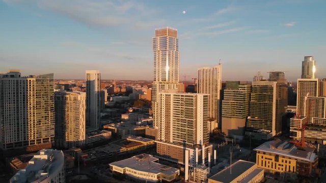 Aerial Drone shot of Downtown Austin, Texas. Shot from the West shooting east. Focusing on the jenga building, the independent. Shot on 2/7/2020