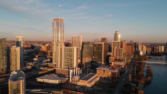 Aerial Drone shot of Downtown Austin, Texas. Shot from the West shooting east. Focusing on Cesar Chavez st, rainey st, and the colorado river aka towne lake. Shot on 2/7/2020