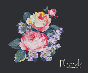 Colorful flower on dark background,Flowers watercolor illustration,leaves and floral，Design for textile, wallpapers