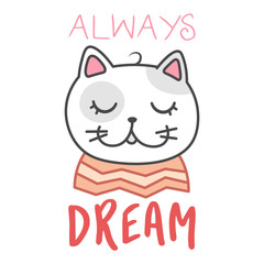 kawaii doodle cat card, cute domestic animal, lovely cartoon drawing pet, editable vector illustration for kids decoration, poster, print