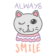 kawaii doodle cat card, cute domestic animal, lovely cartoon drawing pet, editable vector illustration for kids decoration, poster, print