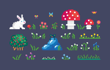 Pixel art forest icons set.