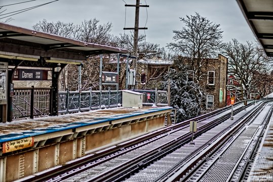 Railway station covered with snow in Chicago
