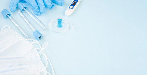 Test tube for taking a blood sample for analysis for a virus or flu. Disease prevention, epidemiology, biotechnological research. The concept of medical backdrop banner.