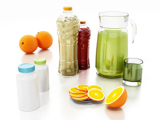 Detox concept with fresh juice bottles, pills and fruits. 3D illustration