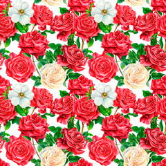 Floral seamless pattern, flower  roses, anemones on an isolated white background, watercolor flowers, botanical illustration