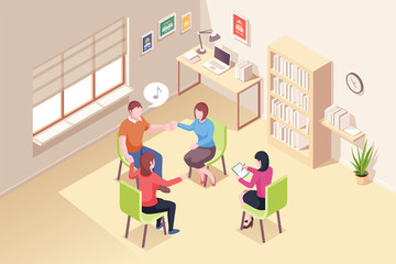 People at group psychotherapy session, vector isometric design. Psychologist doctor and patients support group at psychology music therapy for relationship crisis and mental problems