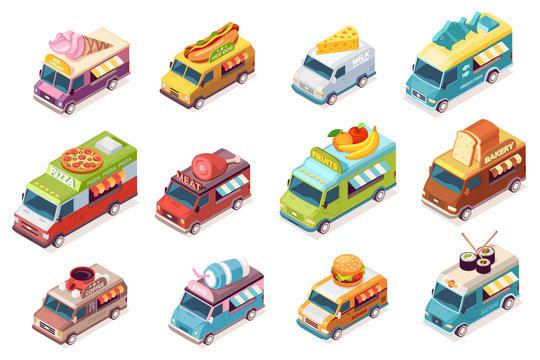 Set of isolated street food trucks. Vector food van with fast food and drink. Ice-cream and meat, hot do and milk, cheese, fish, pizza, fruit, bakery, bread, coffee, juice, burger, sushi. Car or auto