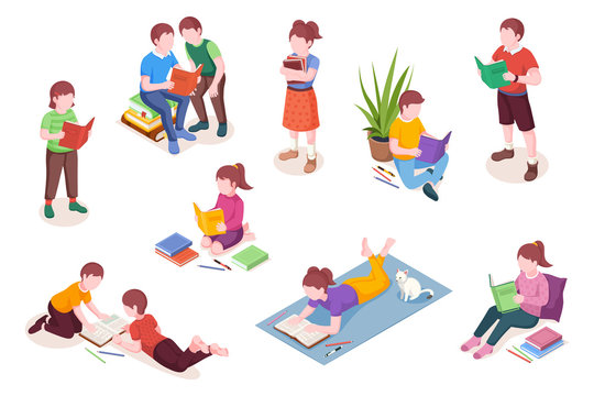 Set of isolated isometric child reading books. Boy and girl with textbook vector illustration. Preschool kids study lessons. Cartoon school pupil or student. Read and learn, childhood education