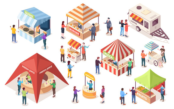 Street or fast, junk food tents. Set of isometric counters and stall, van or wagon, awning and canopy. Coffee, burger, ice-cream, pizza, fruit, hot-dog, sushi, juice, burger. Vector people buying meal