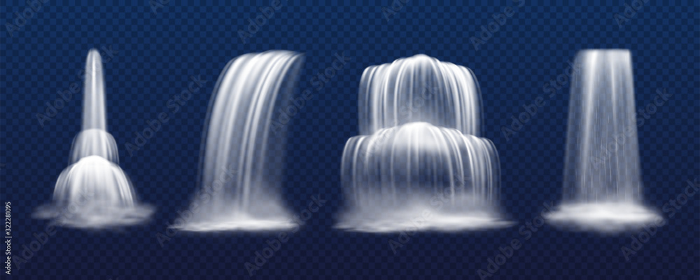 Wall mural Set of isolated realistic vector cascade waterfall isolated on transparent background. Mountain fall of water, park stream or liquid drop. Victoria and niagara. Scenery and landscape, nature theme