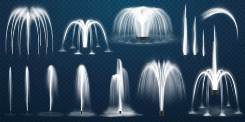Realistic set of vector fountains. Water jets and white stream of 3d fountain on transparent background. Park or garden aqua decoration, summer cascading liquid splash and spray. Geometric curve - obrazy, fototapety, plakaty