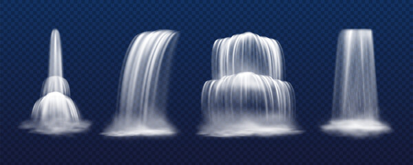 Set of isolated realistic vector cascade waterfall isolated on transparent background. Mountain fall of water, park stream or liquid drop. Victoria and niagara. Scenery and landscape, nature theme