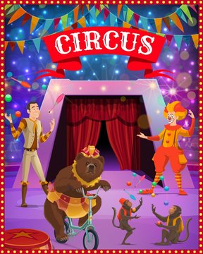 Circus show clown, juggler and trained animals. Vector cirque or carnival tent arena with performers, acrobat, bear and monkey with lights and festive bunting garland or flags