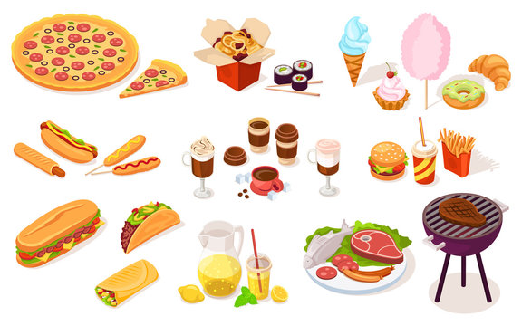 Set of fast and street food. Vector hot dog, pizza, onion ring, sushi, ice-cream, candy-floss, burger, burrito, sandwich, fried french fries, soda, chocolate, lemonade, grill meat, sausage. Nutrition