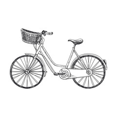 Bicycle with basket hand drawn black and white vector illustration
