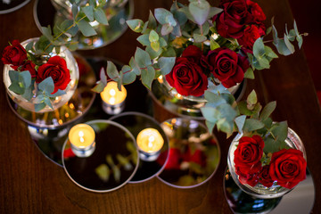 horizontal photo from above of bouquets of roses