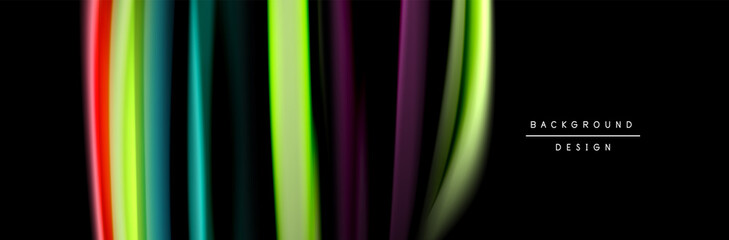 Silk and smooth flow wave poster design. Color waves, liquid style lines and shapes in black color background