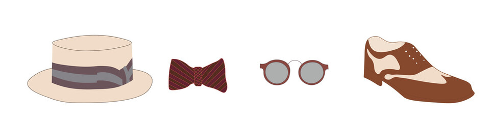 Set men's accessories 1920s hat, butterfly, glasses, shoes . Men's fashion vector illustration isolated on background