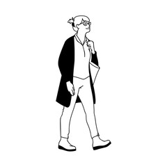 Adult woman in grasses and cardigan takes a walk. Concept. Monochrome vector illustration of walking woman with tote bag isolated on white background. Hand drawn sketch.