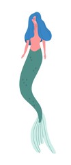 Smiling cartoon half woman and fish vector flat illustration. Colorful mythology creature mermaid with blue hair isolated on white background. Magical female water nymph