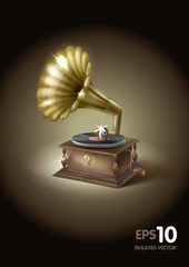 Realistic illusrtation of the vintage antique gramophone. Stylish, elegant and superb gramophone with wood lacquered cabinet, glance gold metallic horn and black vinyl disc. Editable EPS vector